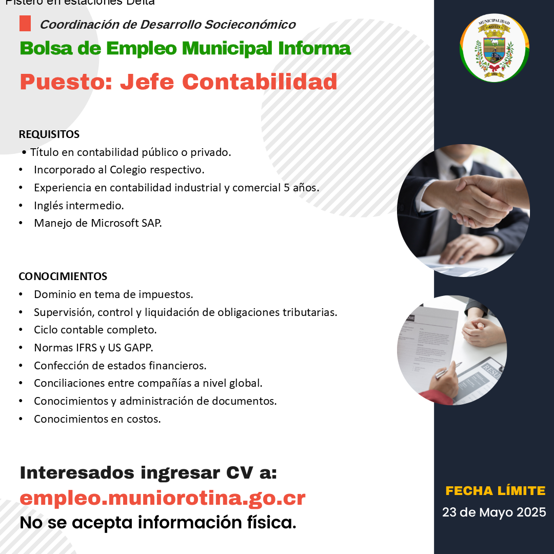 SE BUSCA JEFE DE CONTABILIDAD Y TÉCNICO ELECTROMECÁNICO. 